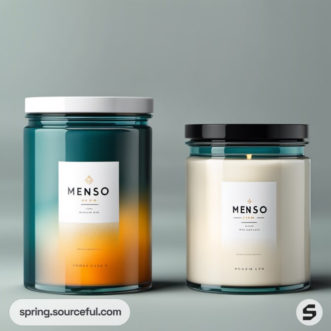 Two glass Menso candles in teal and white jars on teal background.