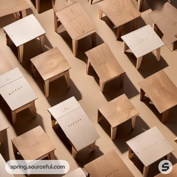 Array of tan cardboard boxes with minimal hierarchical typography on top.