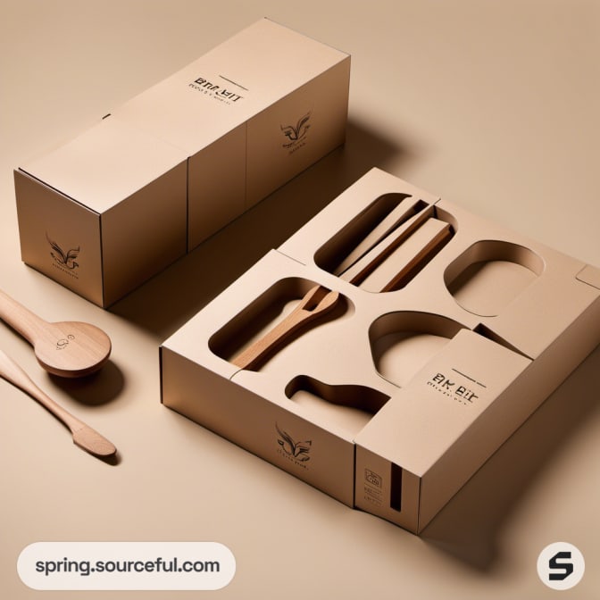 Open cardboard boxes containing wooden utensil sets on a beige background.