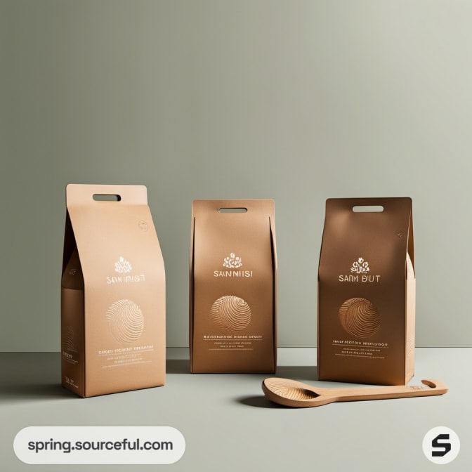 Three kraft paper bags with handles and elegant minimal design next to wooden utensil.