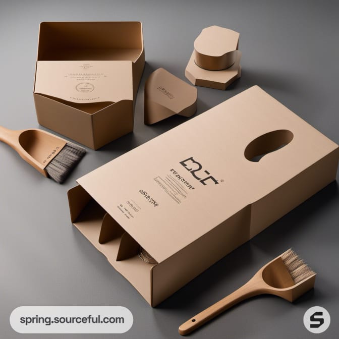 Cardboard packaging with brushes and geometric shapes on neutral surface.