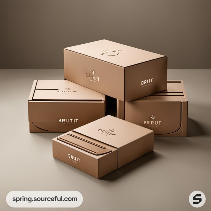 Stacked cardboard boxes with subtle minimalist prints on a plain background.