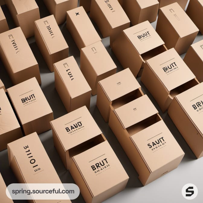 Rows of brown cardboard boxes with bold minimalist text design on top.