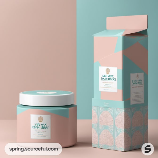 Blue and pink jar and box packaging with geometric design for skincare product.