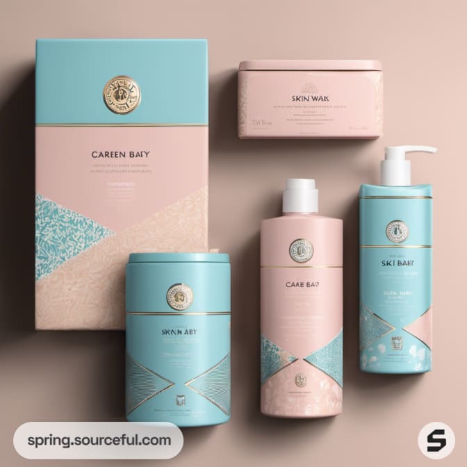 Elegant pink and blue bottles and boxes with gold accents for skincare.