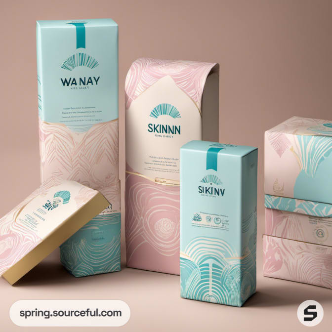 Pastel blue and pink boxes with wave patterns for skincare packaging.