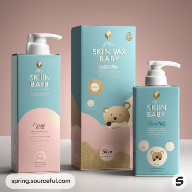 Cute bear-themed blue and pink pump bottles and box for baby skincare.