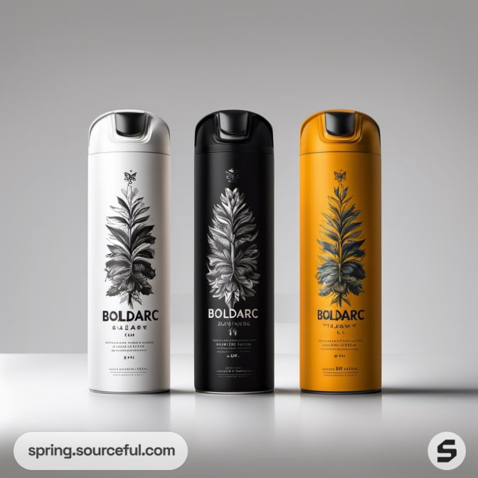 Three tall bottles with botanical designs in varied colors.