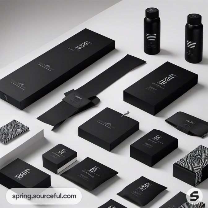 Minimalistic black packaging set with small boxes and bottles.