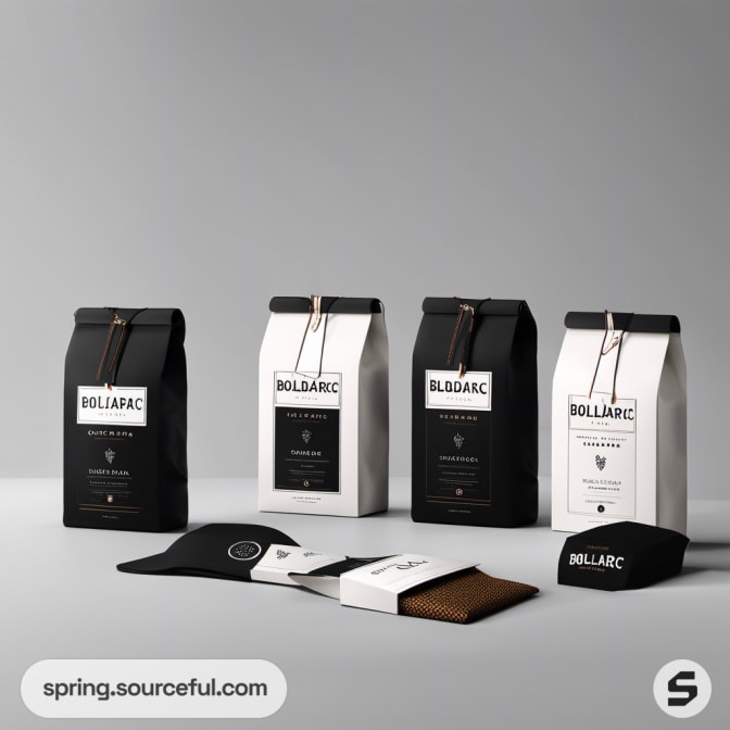 Coffee bags in black and white with matching accessories.