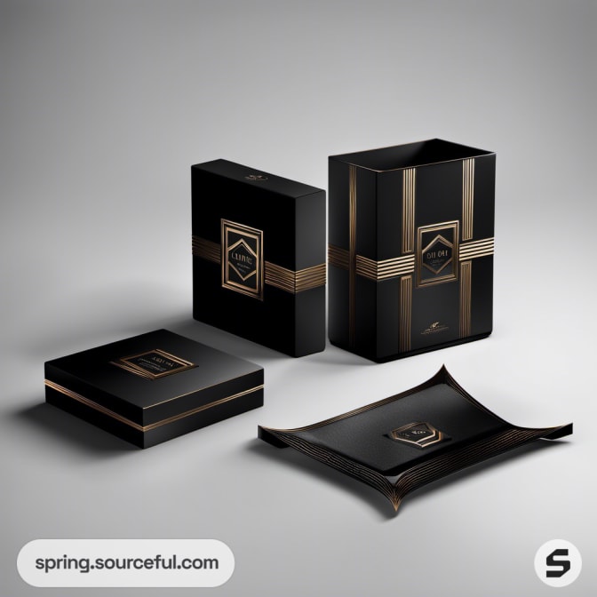 Black and gold luxury packaging set with geometric patterns.