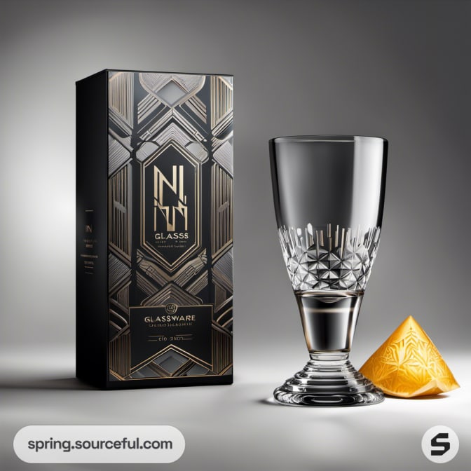 Elegant glass packaging with black and gold geometric design.