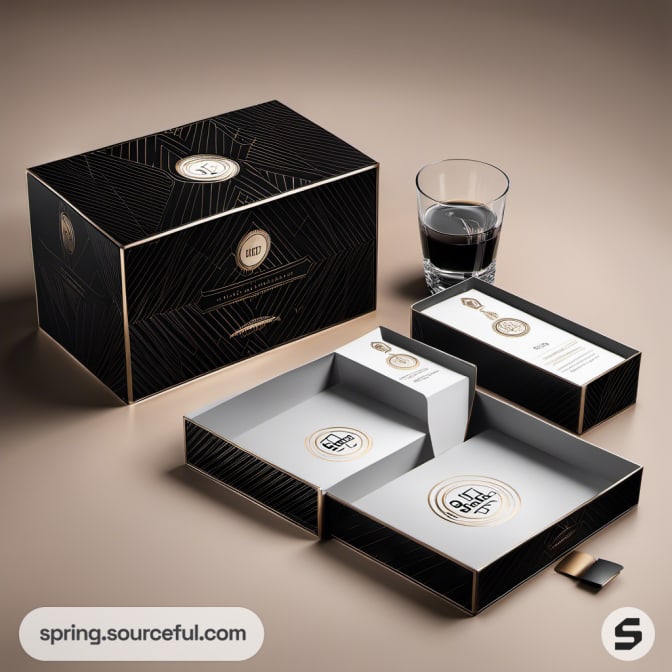 Luxury black box with geometric patterns and glass.
