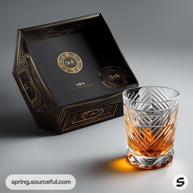 Crystal glass with luxurious black and gold packaging.
