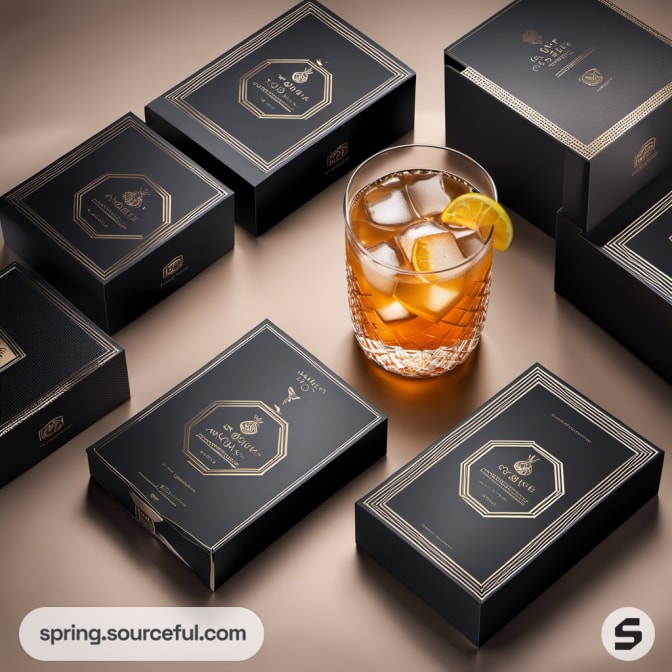 Multiple black boxes with gold accents and a glass with drink.