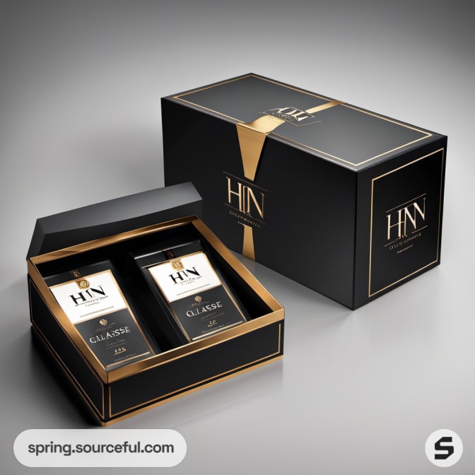 Black gift box with gold accents containing two smaller boxes.