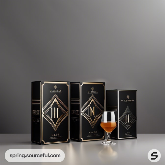 Three black and gold geometric boxes with a glass.