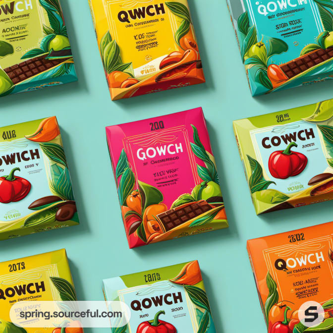 Assorted colorful chocolate bars with fruit illustrations on teal background.