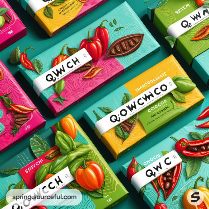 Colorful chocolate boxes with fruit illustrations on turquoise background.