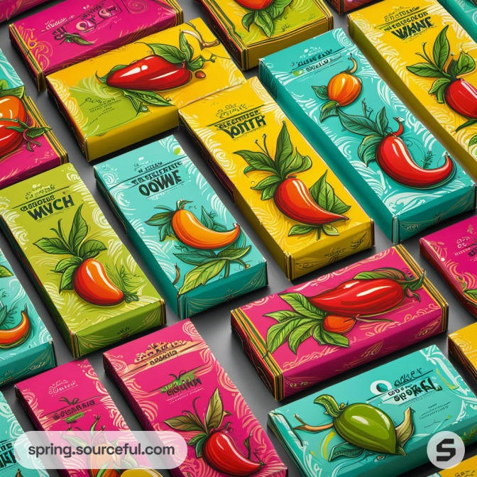 Vivid chocolate bar boxes featuring fruit designs on grey backdrop.