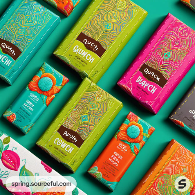 Green and pink chocolate bars with intricate patterns on teal background.