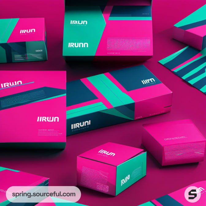 Pink and teal shoe boxes with geometric patterns on a magenta background.