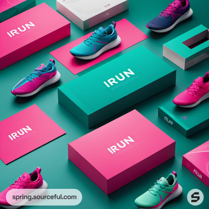 Assorted pink and teal shoe boxes with pink and teal running shoes displayed.