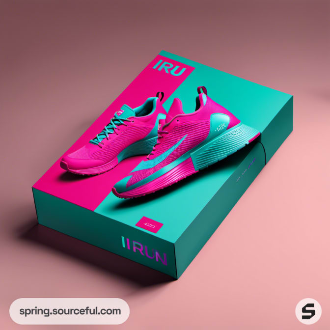 Pink and teal running shoe displayed on a matching shoe box with a pink background.