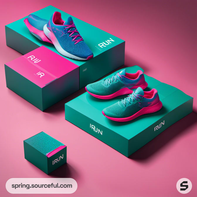 Pairs of teal and pink running shoes displayed on matching turquoise and pink shoe boxes.