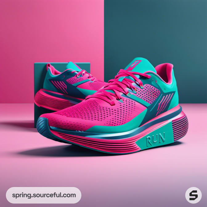 Vibrant pink and teal running shoes on a matching two-toned background.