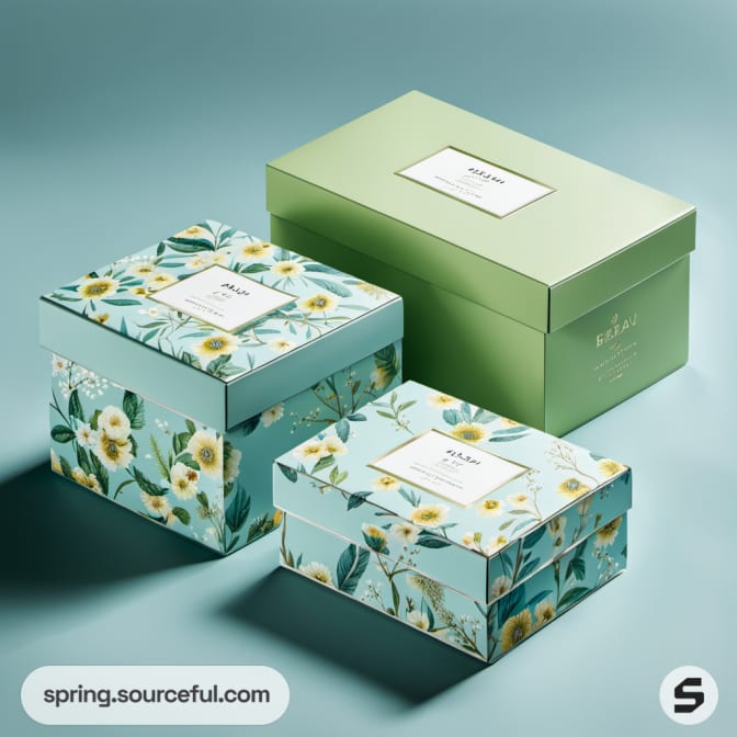 Stacked boxed sets with floral designs on green base