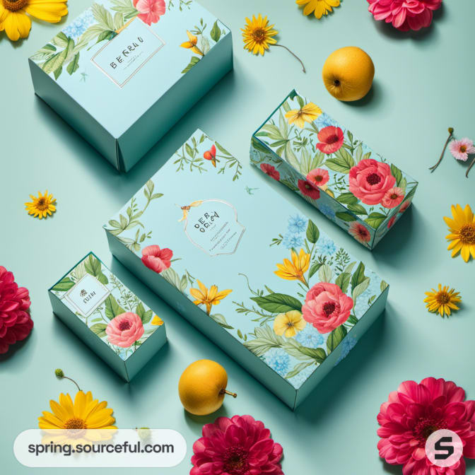 Boxes in floral designs surrounded by flowers and fruit