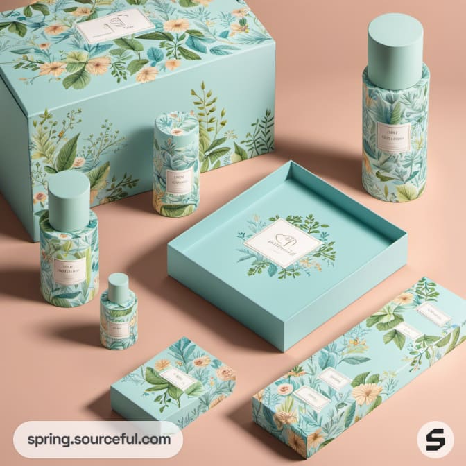 Various botanical printed boxes and bottles on pink background