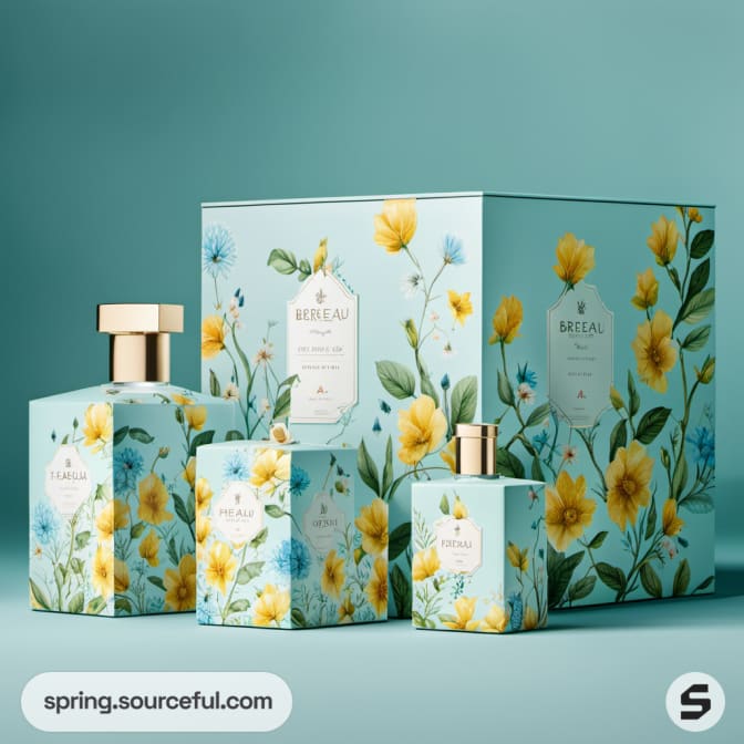 Floral patterned bottles and box set against a floral backdrop