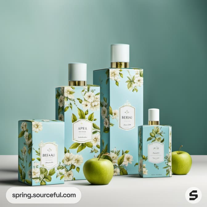 Green background set with floral boxes and apples