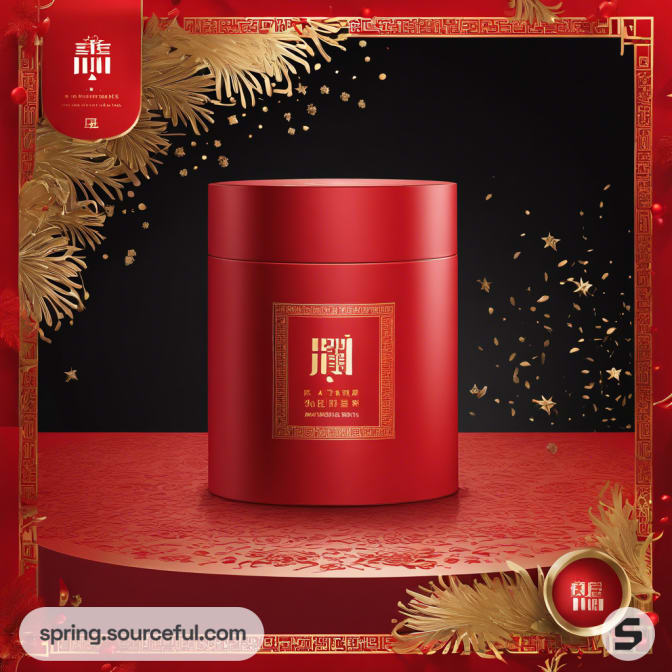 Red cylindrical box with gold detailing on a black background.