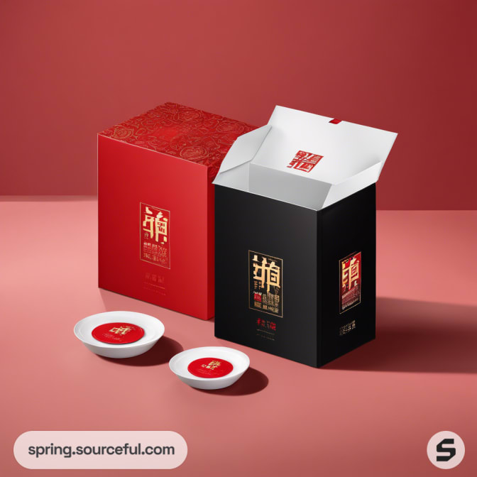 Red and black boxes with gold text, paired with two small white plates.