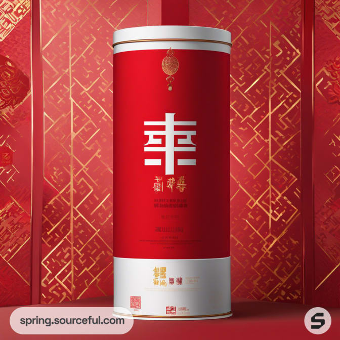 Tall red cylindrical packaging with gold design accents.