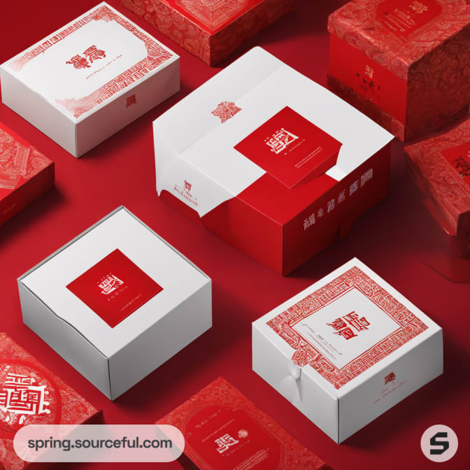 White and red nested boxes with intricate red patterns.