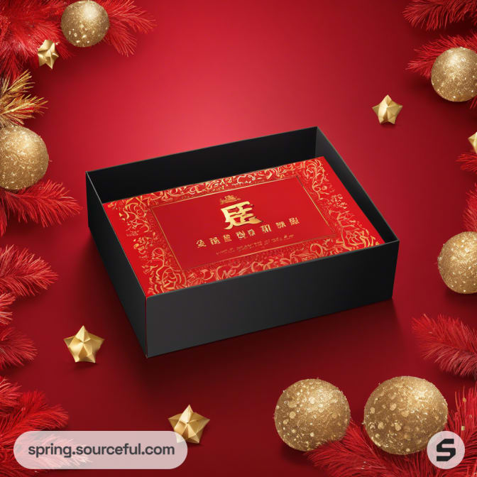 Black box with red interior and gold decorative accents, surrounded by gold ornaments.