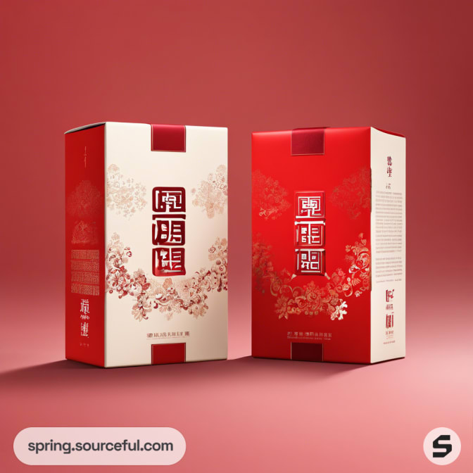 Two red and white boxes with floral designs, set on a pink surface.