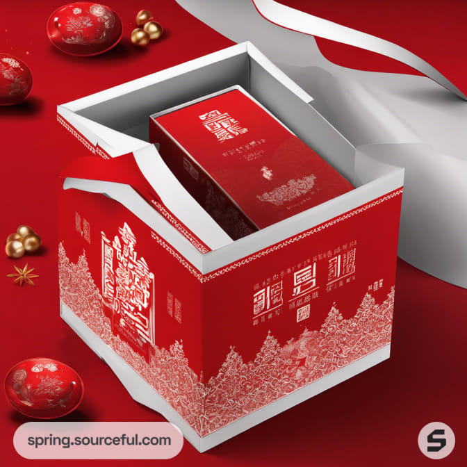 Red and white box with intricate design, set within wrapping paper and ornaments.