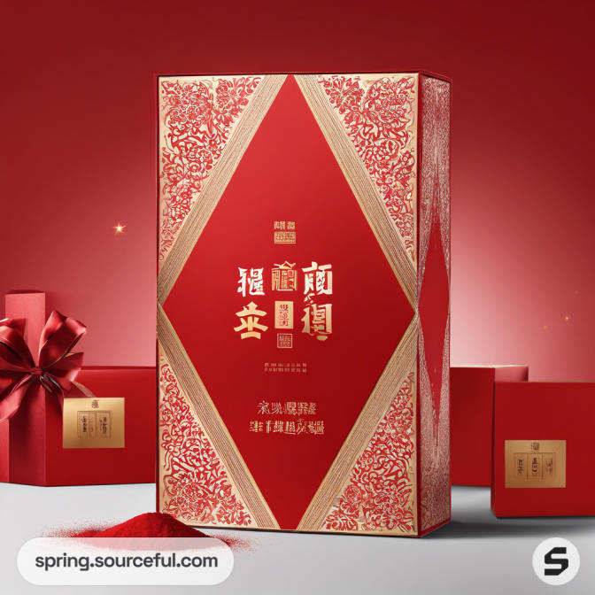 Large red box with gold ornate patterns on a red background.