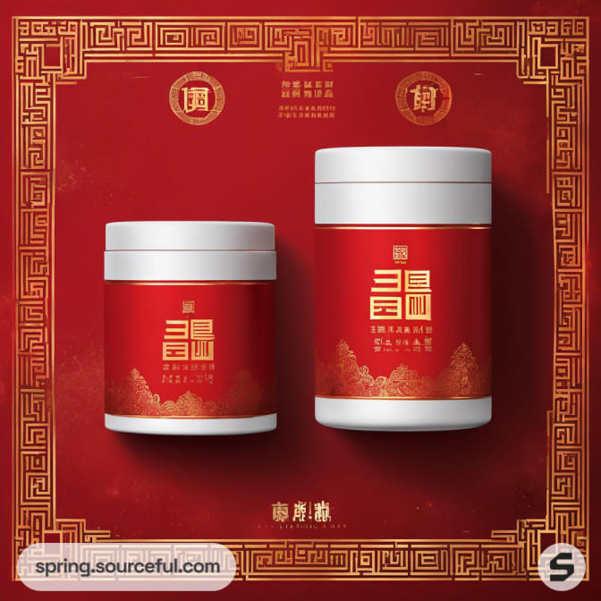 Two white jars with red labels displaying gold text on a decorative background.