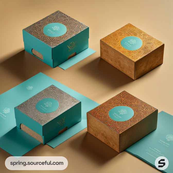 Four decorative boxes with intricate patterns, each in blue and gold tones, placed on a beige surface.