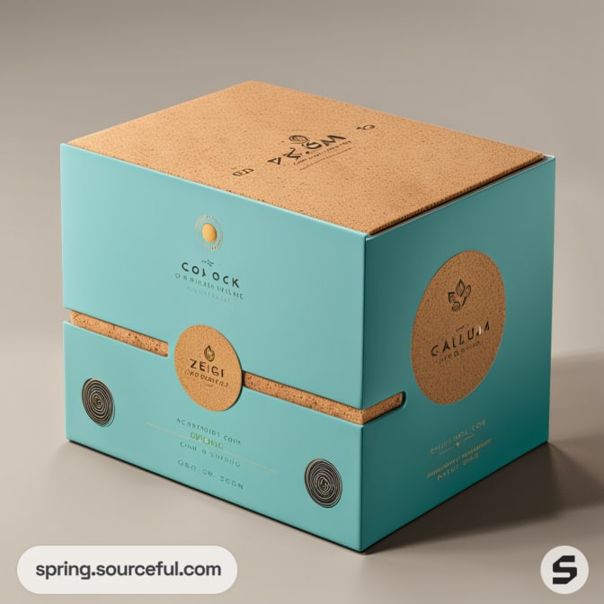 Turquoise and cork box with gold accents and circular designs on the corners.