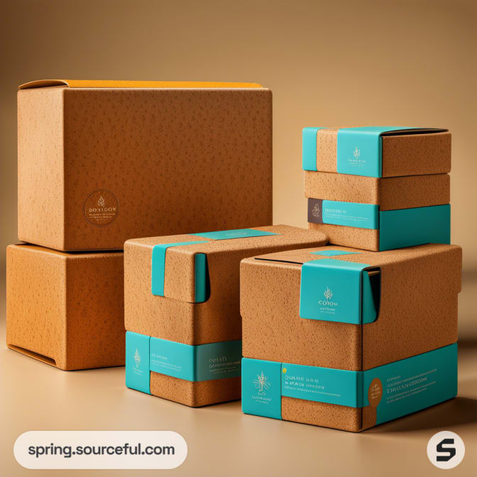 Stack of eco-friendly brown kraft boxes with turquoise labels on a beige background.