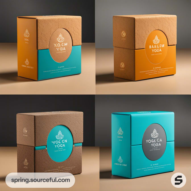 Four square boxes with brown, orange, and turquoise color schemes, featuring yoga-themed text.