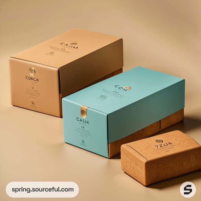 Elegant kraft and teal boxes with subtle embossed designs on a beige background.