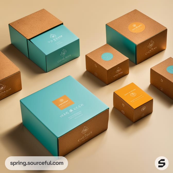 Various sizes of teal and brown mailer boxes arranged on a beige surface.
